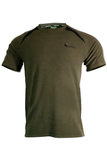 Front view of men’s crew neck, short-sleeved tee in 180gsm performance fleece, with flat locked seams for reinforcing. Features Huntech logo in black on the left breast. Ships from Australia and is shown in military green.