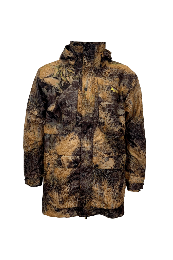 Front view of men’s waterproof hunting jacket in brushed tricot fabric with a microlite outer, four large pockets and neoprene cuffs. Front closure with YKK 2 way full zip, this jacket is fully seam sealed. Ships from Australia and is shown in high-country camo pattern with a Huntech logo in bright yellow on the left breast.
