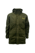 Front view of men’s waterproof hunting jacket in brushed tricot fabric with a microlite outer, four large pockets and neoprene cuffs. Front closure with YKK 2 way full zip, this jacket is fully seam sealed. Ships from Australia and is shown in military green with a Huntech logo in bright yellow on the left breast.