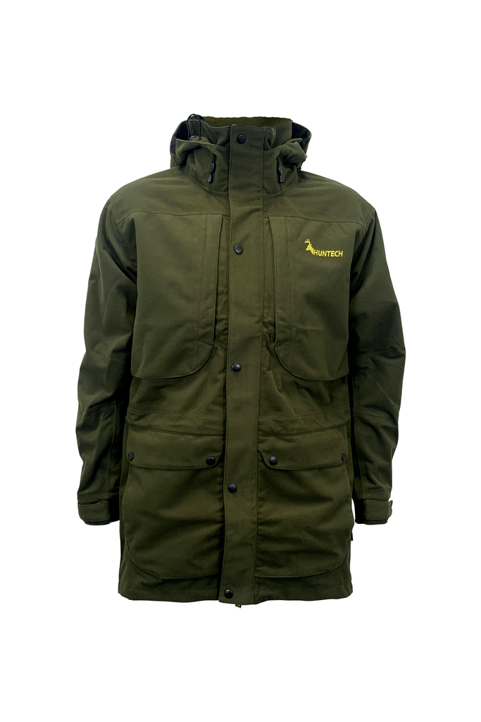 Front view of men’s waterproof hunting jacket in brushed tricot fabric with a microlite outer, four large pockets and neoprene cuffs. Front closure with YKK 2 way full zip, this jacket is fully seam sealed. Ships from Australia and is shown in military green with a Huntech logo in bright yellow on the left breast.