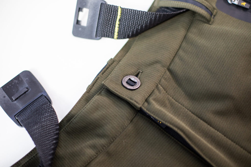 Close up of the button closing a the waistband.