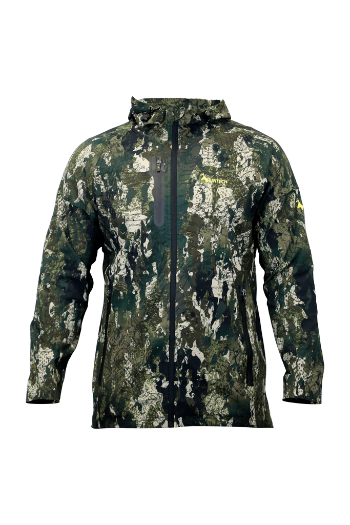 Front view of men’s trail jacket in lightweight four-way stretch Duraflex fabric with a front zip closure, a zipped breast pocket and zippered side pockets. Ships from Australia and shown here in kakariki camo pattern with a Huntech logo in bright yellow on the left breast and left upper sleeve.