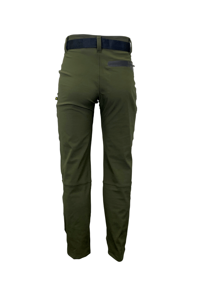 Back view of men’s trail pants in hardwearing Duraflex fabric with zippered pocket, adjusters at waist, a flexible elastine gusset and a woven belt. Ships from Australia and shown here in military green.