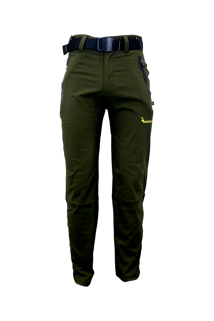 Front view of men’s trail pants in hardwearing Duraflex fabric with zippered pocket, adjusters at waist, a flexible elastine gusset and a woven belt. Ships from Australia and shown here in military green with a Huntech logo in bright yellow at thigh height on the left-hand leg.