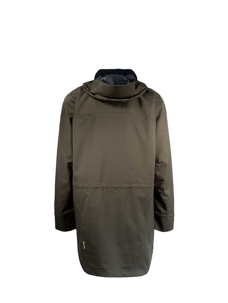 Back view of women’s breathable three-layer jacket with the hood down. Ships from Australia and is shown here in military green.