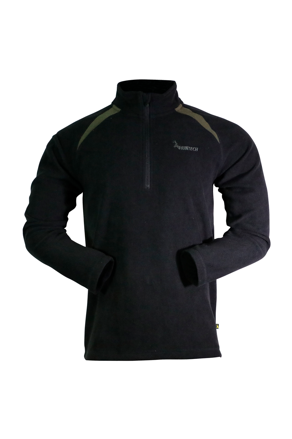Front view of men’s long-sleeved top in 180gsm performance fleece, with flat locked seams for reinforcing. High collar has ¼ zip neck entry. Features Huntech logo in olive on the left breast. Ships from Australia and is shown in black.