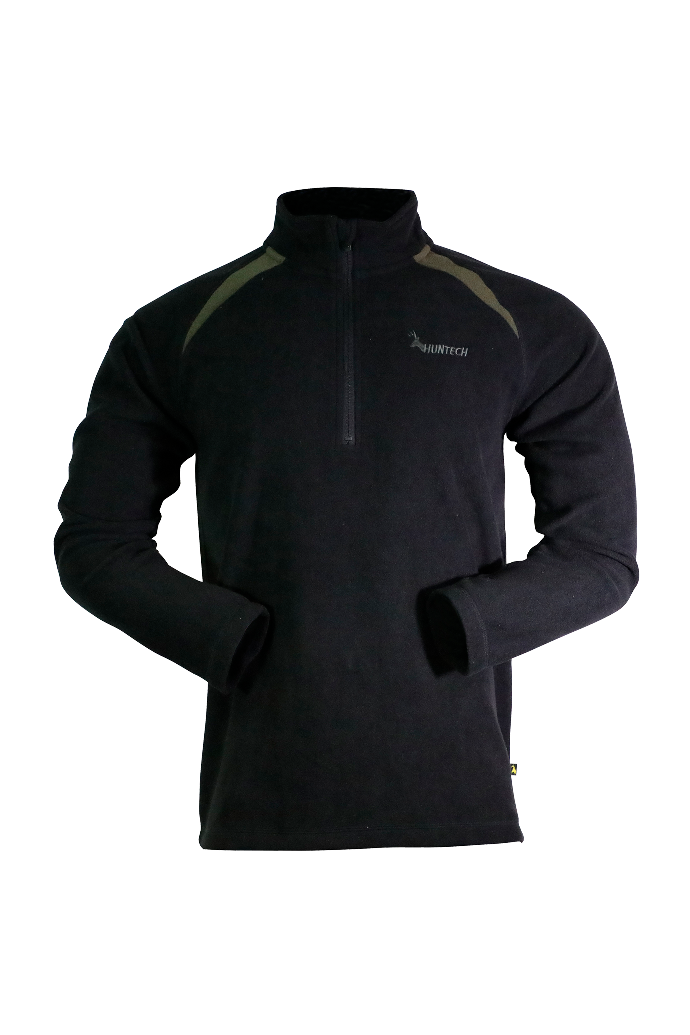 Front view of men’s long-sleeved top in 180gsm performance fleece, with flat locked seams for reinforcing. High collar has ¼ zip neck entry. Features Huntech logo in olive on the left breast. Ships from Australia and is shown in black.