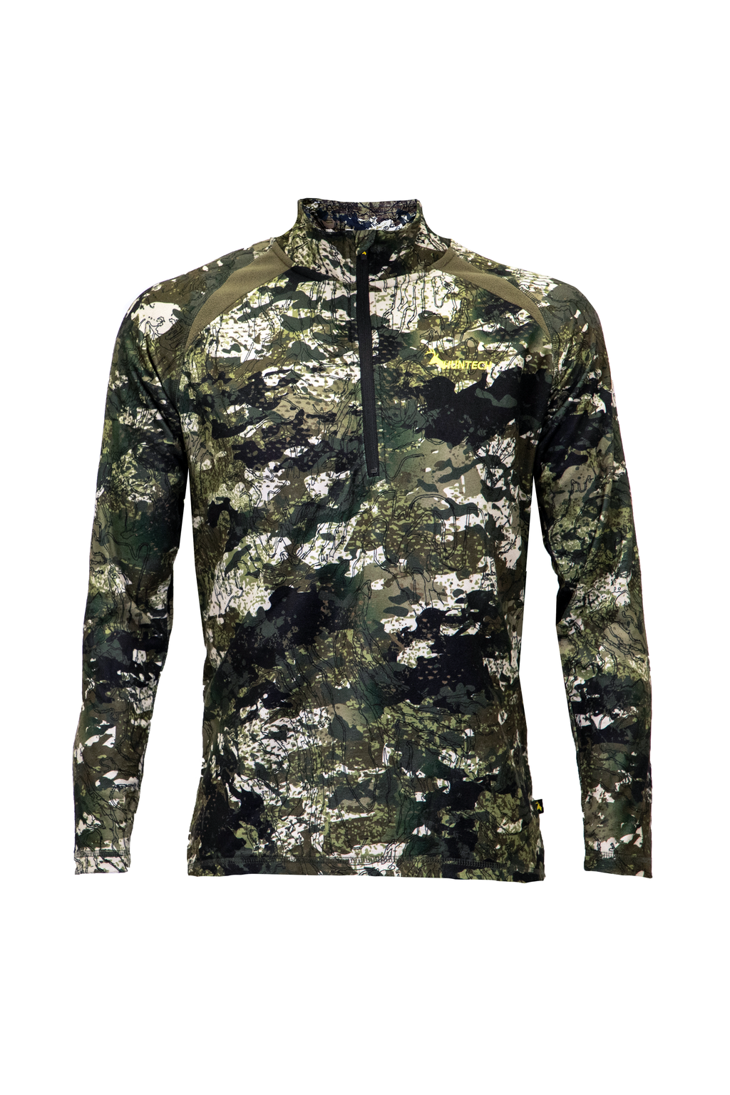 Front view of men’s long-sleeved top in 180gsm performance fleece, with flat locked seams for reinforcing. High collar has ¼ zip neck entry. Features Huntech logo in yellow on the left breast. Ships from Australia and is shown in kakariki camo design.