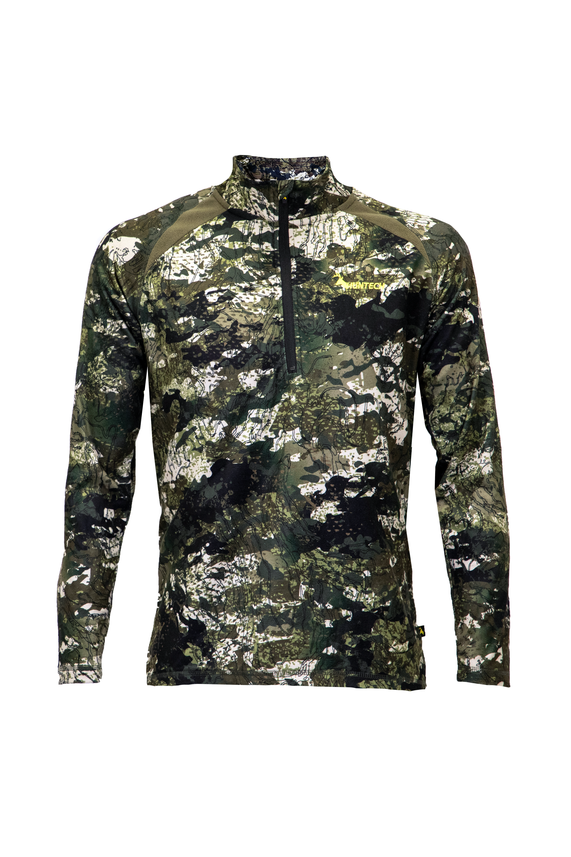 Front view of men’s long-sleeved top in 180gsm performance fleece, with flat locked seams for reinforcing. High collar has ¼ zip neck entry. Features Huntech logo in yellow on the left breast. Ships from Australia and is shown in kakariki camo design.