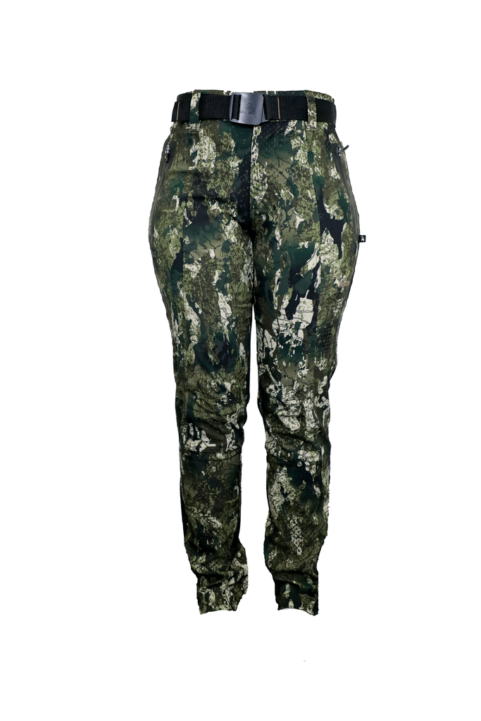 Front view of women’s trail pants in hardwearing Duraflex fabric with zippered pocket, adjusters at waist, a flexible elastine gusset and a woven belt. Ships from Australia and shown here in military green with a Huntech logo in rose gold at thigh height on the left-hand leg.