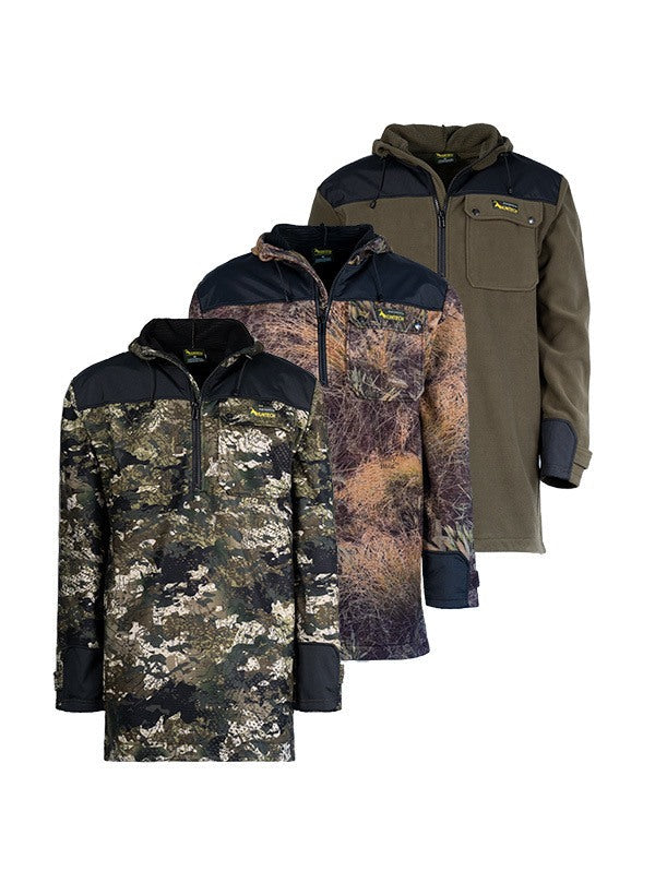 Image of three Huntech men’s bush basics G2 coats with zip neck entry, two-layer 330 gsm highly breathable and wind resistant bonded fleece. They feature a chest pocket with flap and twin lower front pockets and a DWR® waterproofing treatment for light showers. Ships from Australia.
