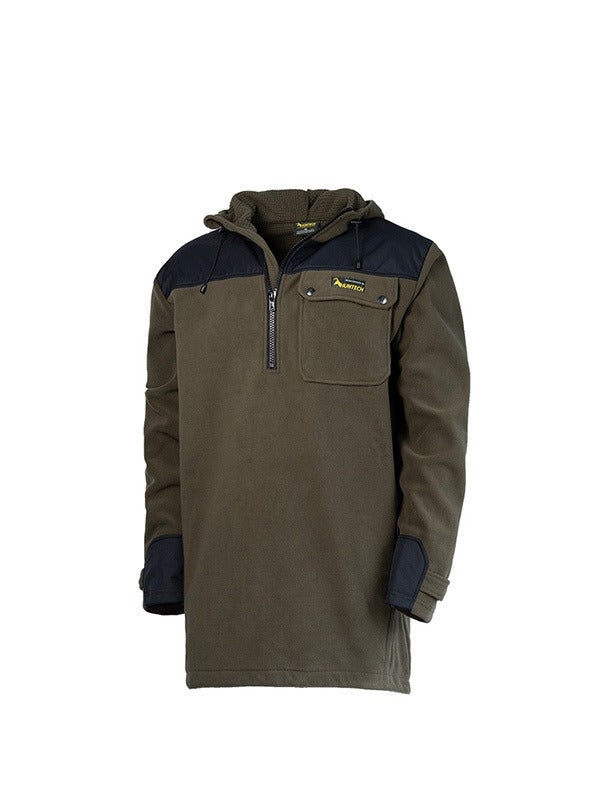 Image a Huntech men’s bush basics G2 coat in military green featuring zip neck entry, two-layer 330 gsm highly breathable and wind resistant bonded fleece. They feature a chest pocket with flap and twin lower front pockets and a DWR® waterproofing treatment for light showers. Ships from Australia.