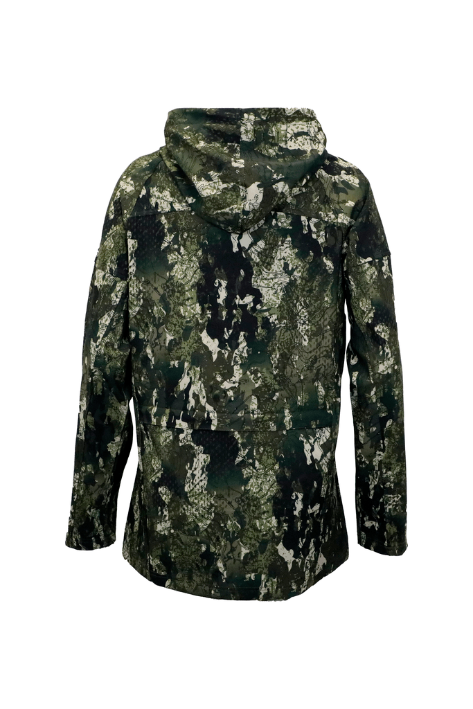 Back view of women’s trail jacket in lightweight four-way stretch Duraflex fabric. Ships from Australia and shown here in kakariki camo pattern.