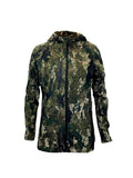 Front view of women’s trail jacket in lightweight four-way stretch Duraflex fabric with a front zip closure, a zipped breast pocket and zippered side pockets. Ships from Australia and shown here in kakariki camo pattern with a Huntech logo in rose gold on the left breast and left upper sleeve.