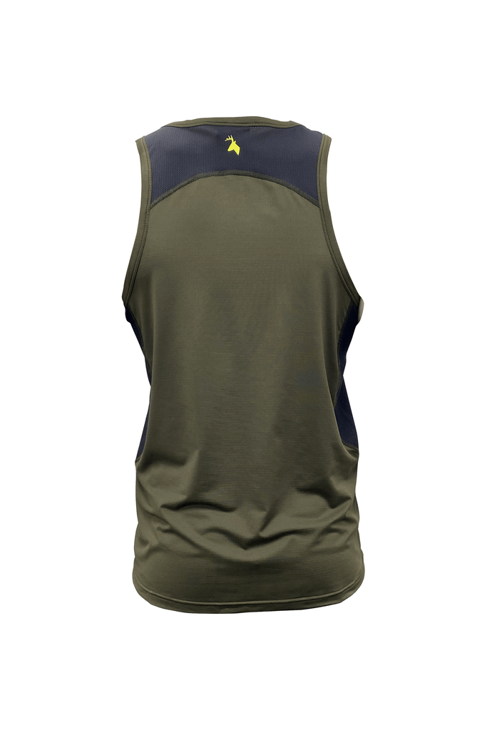 Back image of men’s lightweight, moisture-wicking singlet made from recycled plastic waste with scent control. Constructed using a cover stitch and featuring the Huntech stags head logo at neckline in yellow. Ships from Australia. Shown in military green.