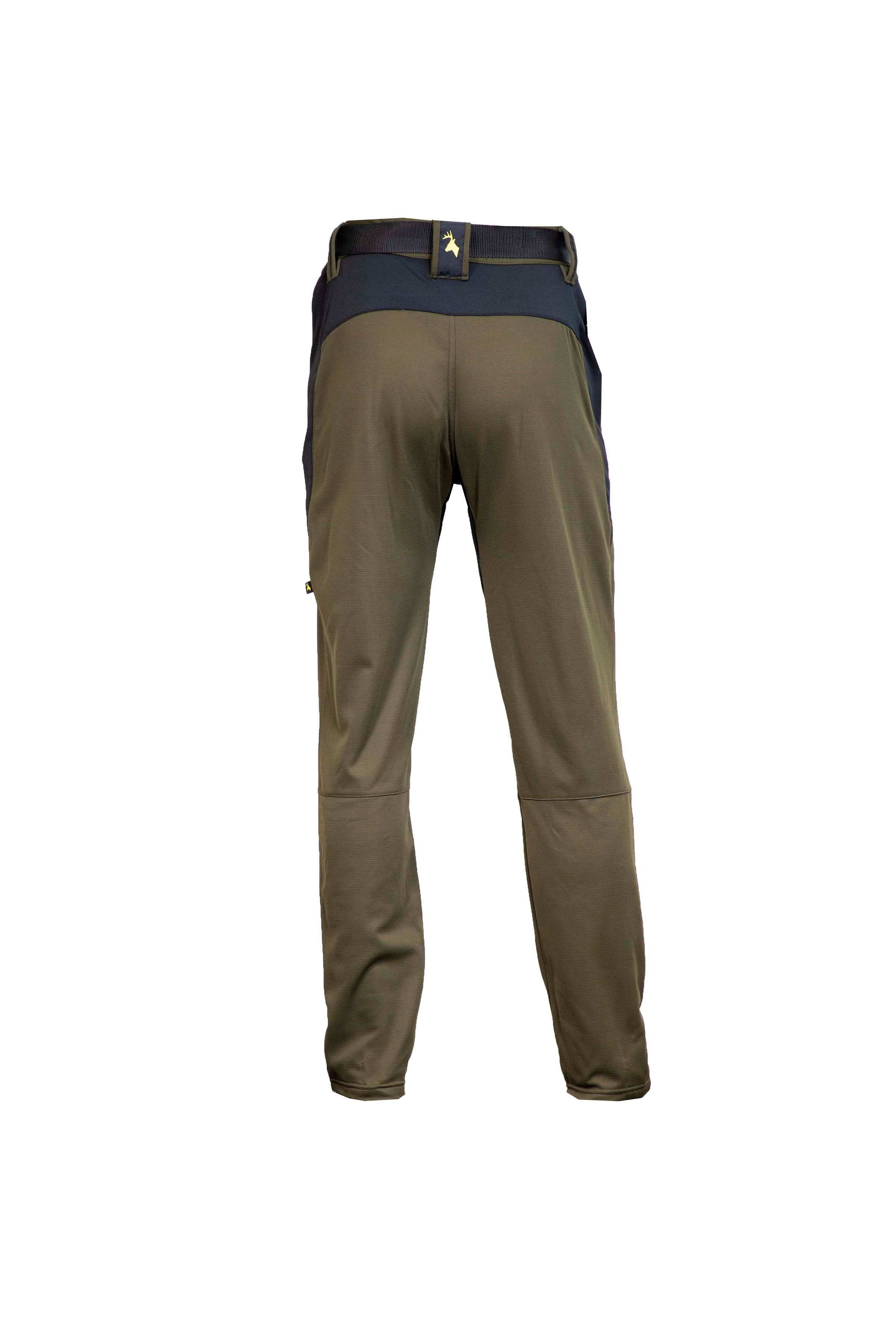 Rear view of men’s scree pants in tough microform fabric with a flexible spandex crotch. Shown in military green they feature the Huntech stags head logo in bright yellow at the centre back waistline.