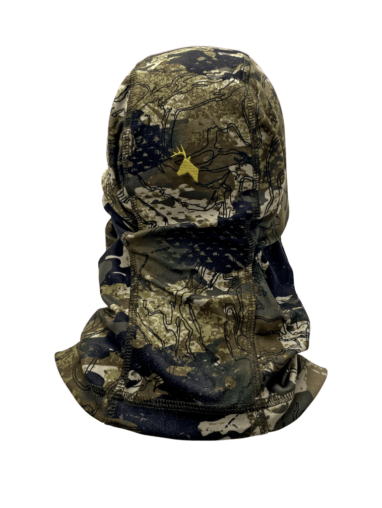 Shows back of camo balaclava with bright yellow stags head decal and flat locked seams for comfort. Ships from Australia.