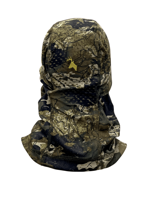 Shows back of camo balaclava with bright yellow stags head decal and flat locked seams for comfort. Ships from Australia.