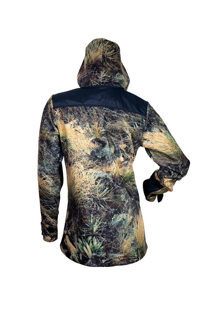 Back image of the women's bush basics coat with the hood over the back. Shown here in high country camo pattern, this product ships from Australia.