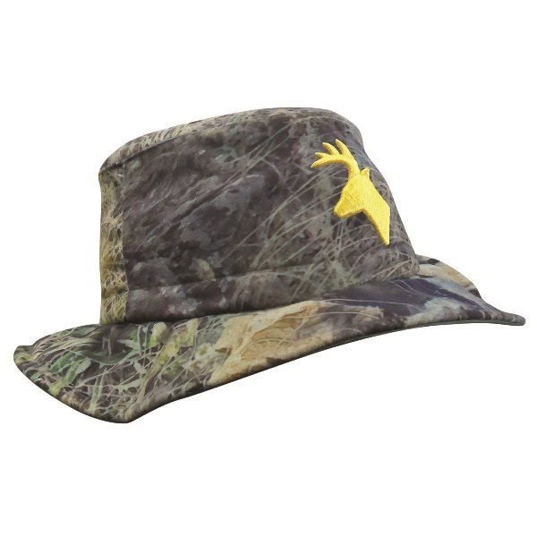 High country camo classic wide-brim bush hat with bright yellow stags head decal on the front of the crown. Soft brushed tricot outer allows for quiet movement while a water-resistant canvas lining across the brim and crown adds durability. The adjustable cord lets you fine-tune the fit. Ships from Australia.