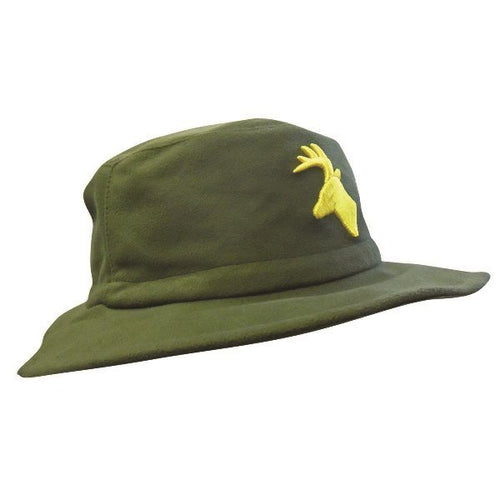 Military green classic wide-brim bush hat with bright yellow stags head decal on the front of the crown. Soft brushed tricot outer allows for quiet movement while a water-resistant canvas lining across the brim and crown adds durability. The adjustable cord lets you fine-tune the fit. Ships from Australia.