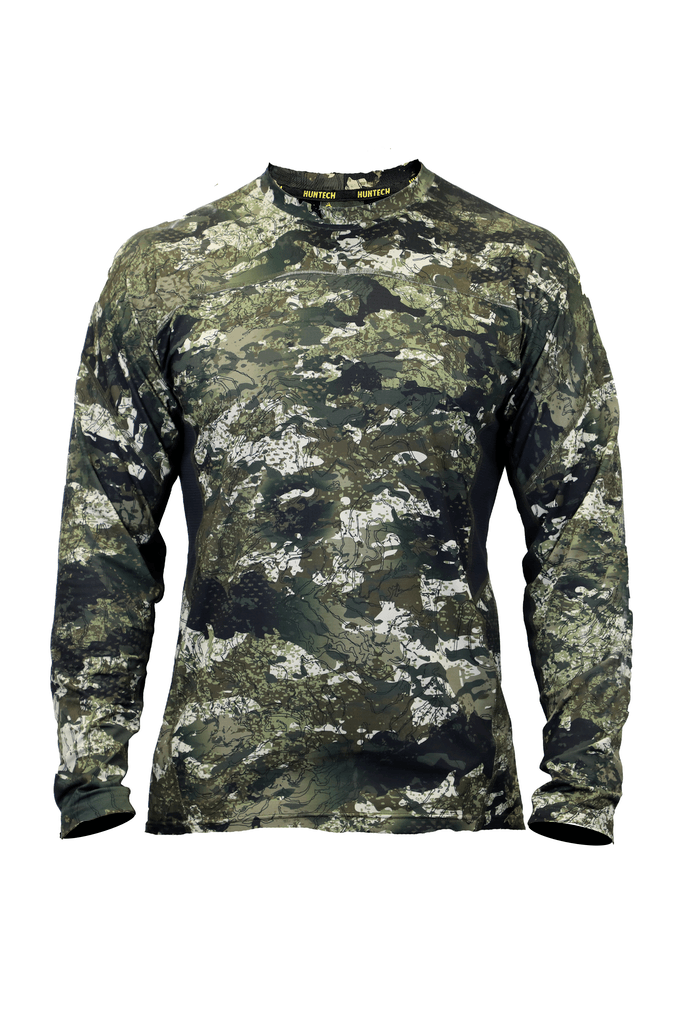 Men’s lightweight, moisture-wicking long sleeved top from recycled plastic waste with scent control. Suitable as a base layer, or long-sleeved tee, it comes with regulation mesh panels and cover-stitched seams. Ships from Australia. Shown in karariki camo pattern.