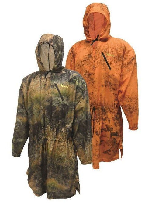 Image shows gillie capes in blaze camo and high country camo colourways. It’s designed to chuck over whatever you’re wearing to conceal you from head to knees. Lightweight and tough, for year-round use, it rolls up ultra-small. Ships from Australia.