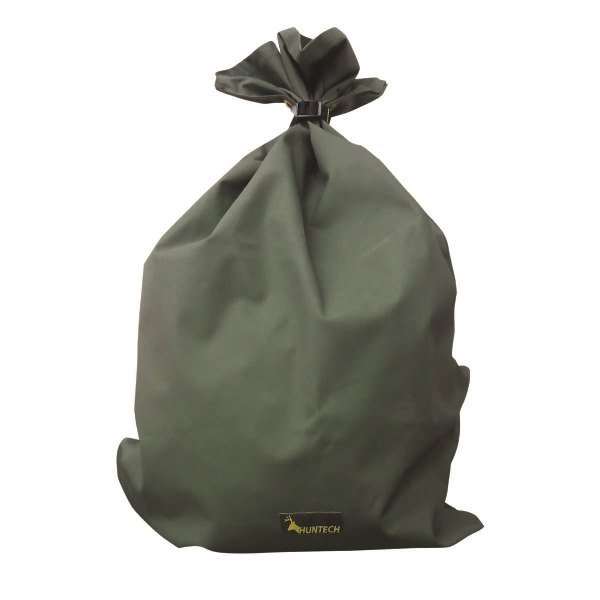 Image of 50 litre canvas bag tied closed at top as if full of meat. Specifically designed to carry and store meat the bag features the Huntech logo at the bottom edge. Packs down small and ships from Australia.