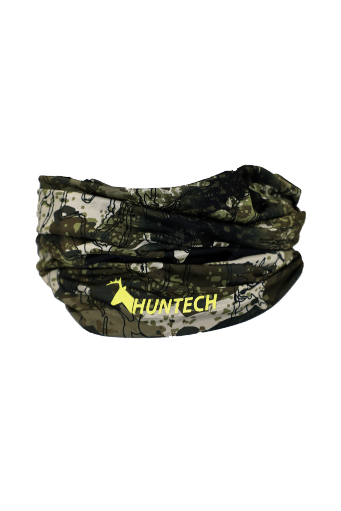 Lightweight, breathable and stretchy, recycled fabric neck gaiter in Kakariki camo design with bright yellow Huntech logo at lower edge. Ships from Australia.