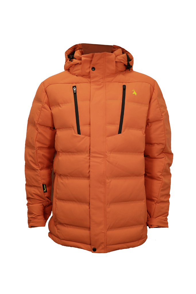 Front view of men’s puffer jacket in a stretch polyester with welded baffles, and zippered chest pockets. Shown here in bright orange with the Huntech stags head logo in bright yellow on the left breast, this product ships from Australia | HT7353
