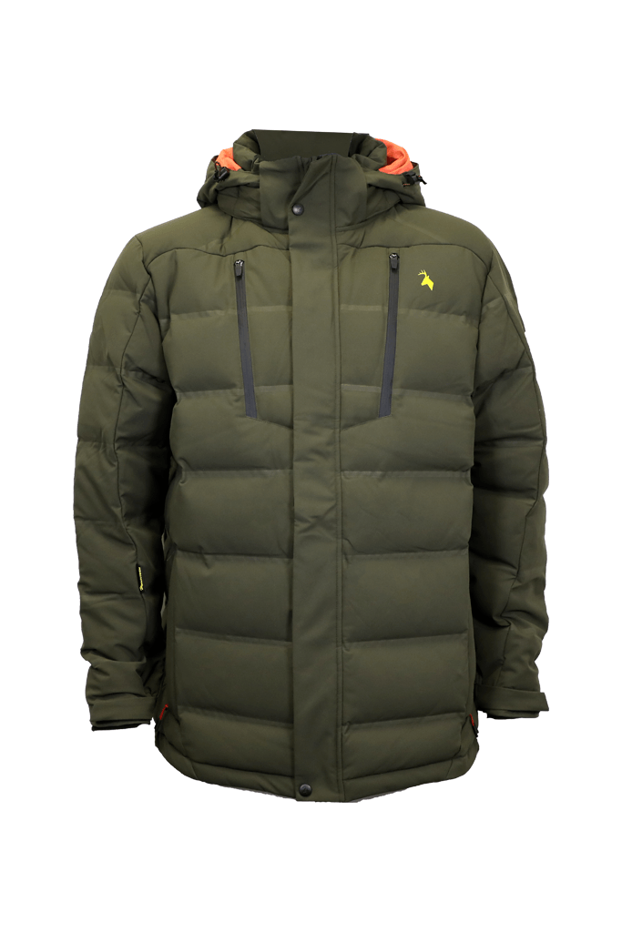 Front view of men’s puffer jacket in a stretch polyester with welded baffles, and zippered chest pockets. Shown here in military green with bright orange inside neck detail and the Huntech stags head logo in bright yellow on the left breast, this product ships from Australia.