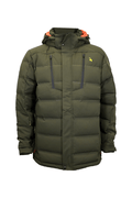 Front view of men’s puffer jacket in a stretch polyester with welded baffles, and zippered chest pockets. Shown here in military green with bright orange inside neck detail and the Huntech stags head logo in bright yellow on the left breast, this product ships from Australia.