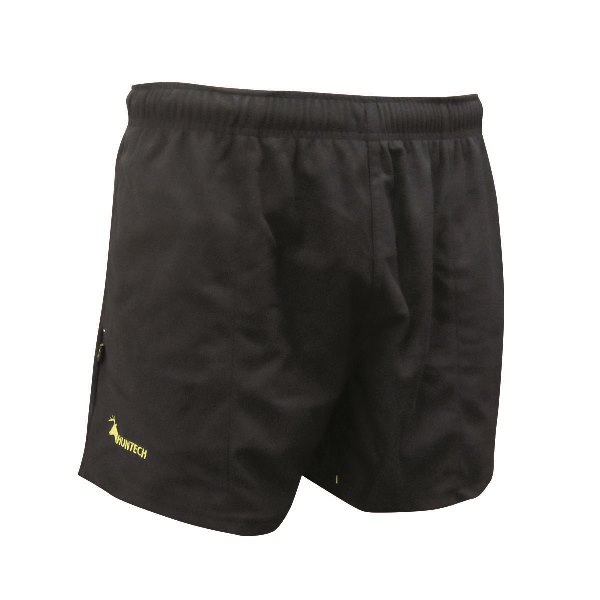 Men’s short shorts in microlite fabric, deep side pockets, and an inner gusset for freedom of movement. They also come with an internal draw cord and elastic waist. Ship from Australia and shown in black with a Huntech logo in bright yellow near bottom edge.