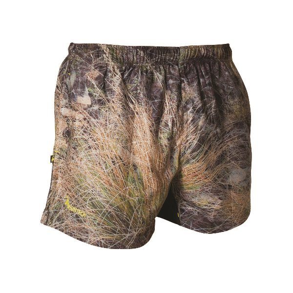 Men’s short shorts in microlite fabric, deep side pockets, and an inner gusset for freedom of movement. They also come with an internal draw cord and elastic waist. Ship from Australia and shown in high-country camo pattern with a Huntech logo in bright yellow near bottom edge.