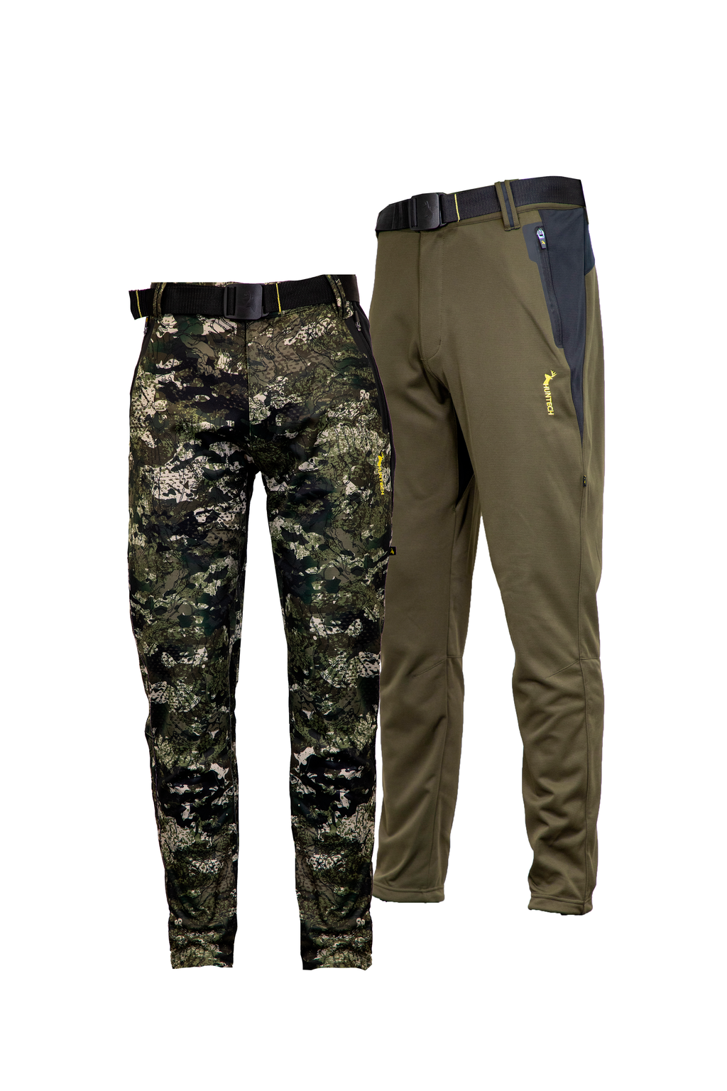 Front view of two pair of men’s scree pants in tough microform fabric with a flexible spandex crotch. They also have button closure, internal hem cinch and welded pockets. Shown in kakariki camo on the left and military green on the right, they feature the Huntech logo in bright yellow at thigh level on the left-hand side. 