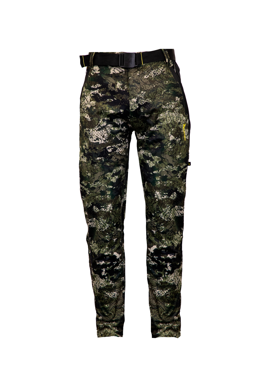 Front view of men’s scree pants in tough microform fabric with a flexible spandex crotch. They also have button closure, internal hem cinch and welded pockets. Shown in kakariki camo pattern they feature the Huntech logo in bright yellow at thigh level on the left-hand side.