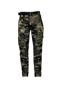 Front view of men’s scree pants in tough microform fabric with a flexible spandex crotch. They also have button closure, internal hem cinch and welded pockets. Shown in kakariki camo pattern they feature the Huntech logo in bright yellow at thigh level on the left-hand side.