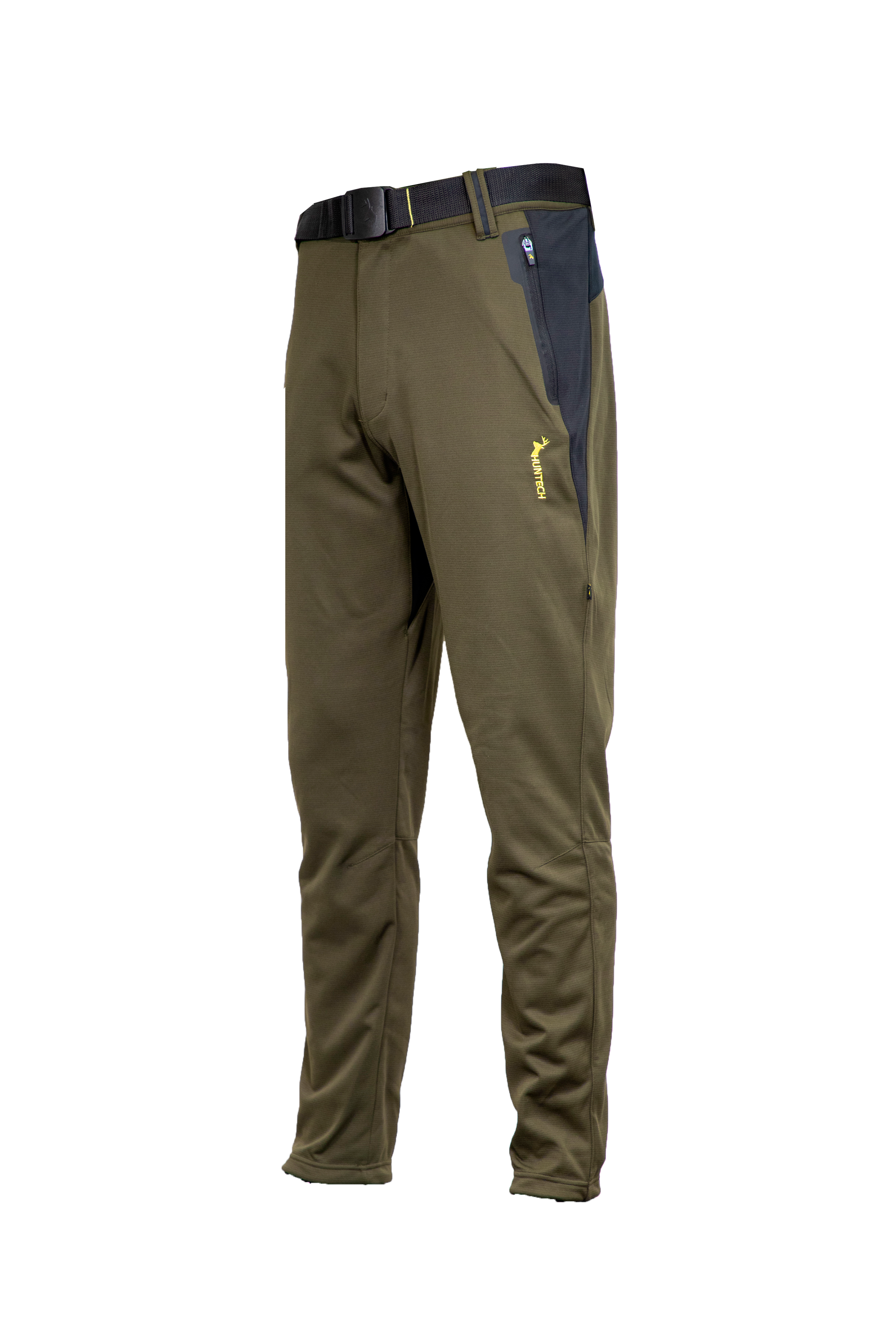 Three quarter front view of men’s scree pants in tough microform fabric with a flexible spandex crotch. They also have button closure, internal hem cinch and welded pockets. Shown in military green they feature the Huntech logo in bright yellow at thigh level on the left-hand side.