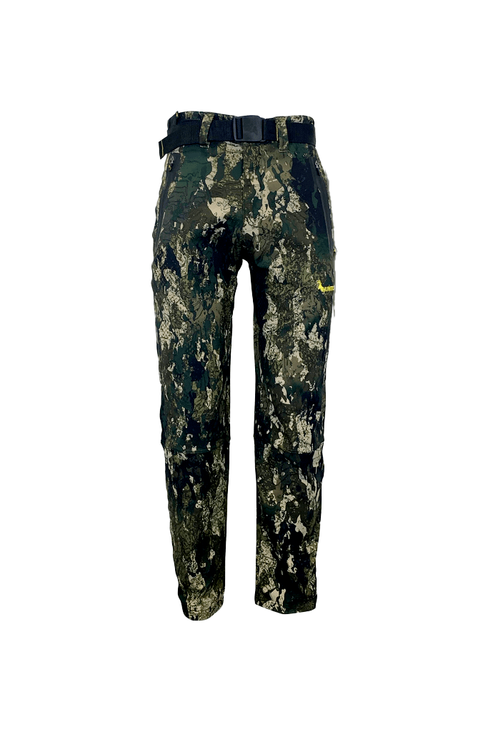 Front view of men’s trail pants in hardwearing Duraflex fabric with zippered pocket, adjusters at waist, a flexible elastine gusset and a woven belt. Ships from Australia and shown here in kakariki camo pattern with a Huntech logo in bright yellow at thigh height on the left-hand leg.