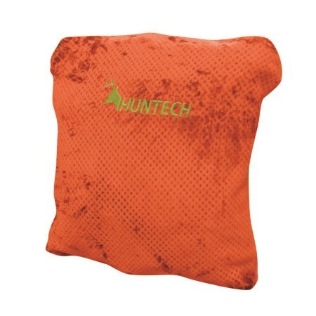Image of the packaway vest inside the pocket it comes with. Features Huntech logo in bright yellow on front and is in camo blaze.
