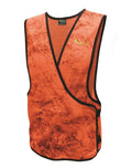 Front view of lightweight vest in bright orange subtle camo pattern with Huntech logo in bright yellow on the left breast. Best is edged in black and closes with Velcro in a lap-over system.  Ships from Australia.