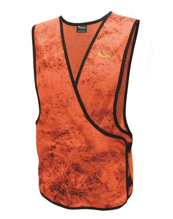 Front view of lightweight vest in bright orange subtle camo pattern with Huntech logo in bright yellow on the left breast. Best is edged in black and closes with Velcro in a lap-over system.  Ships from Australia.